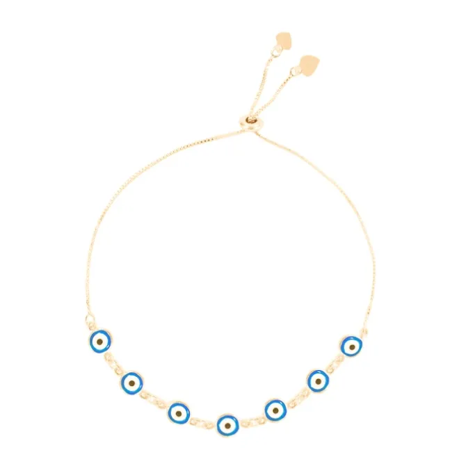 Pulseira Ajustável Folheada a Ouro 18k Grécia Olho Grego Pequeno Azul