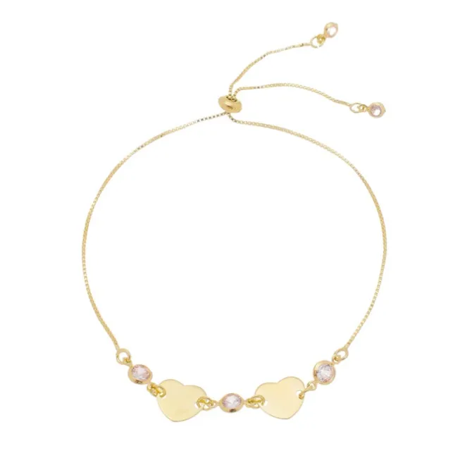 Pulseira Ajustável Hcc 2 Corações Metal Zircônias Folheada a Ouro 18k