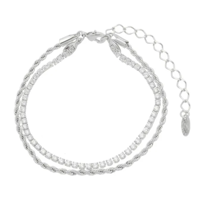 Pulseira Feminina Duas Voltas Cordão Baiano e Zircônias Folheada em Ródio Branco Meg