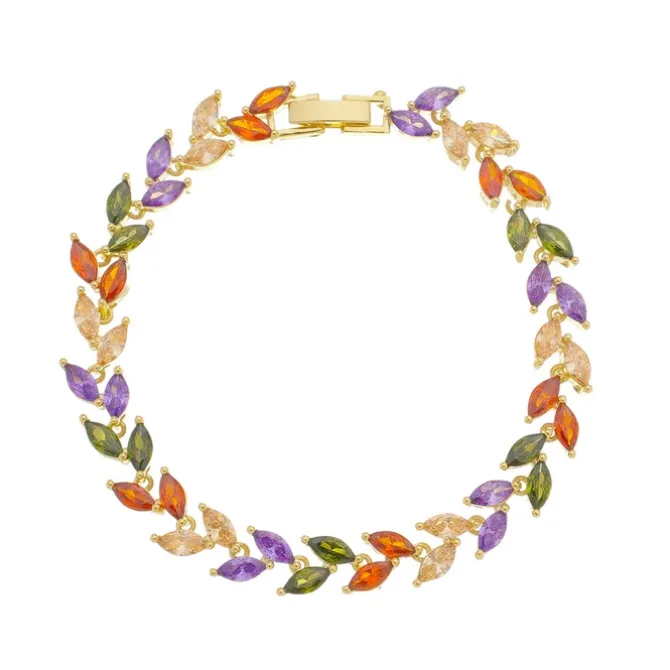 Pulseira Piuka Amber Folhinhas Zircônias Coloridas Folheada a Ouro 18k