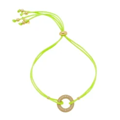 Pulseira Piuka Charlotte Fios de Seda Ajustável Círculo Zircônias Verde Neon Folheada a Ouro 18k