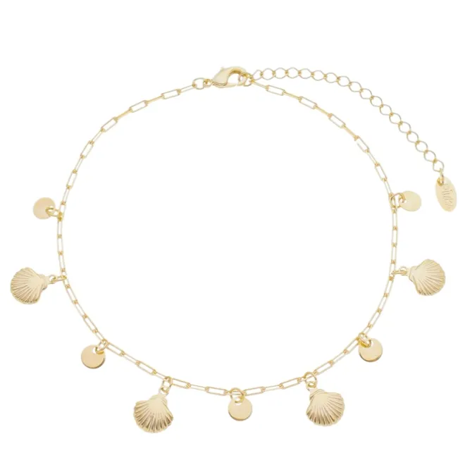 Tornozeleira Coral Conchas e Medalhas Folheada a Ouro 18k