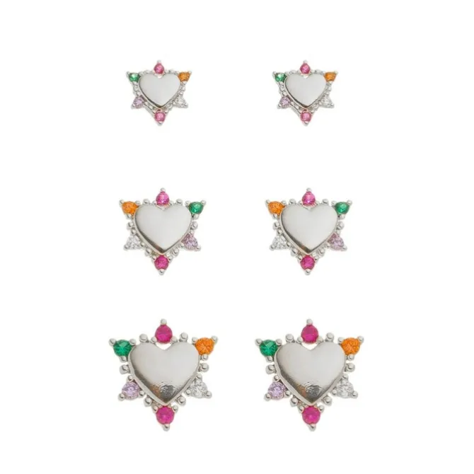 Trio de Brinco Anne Coração Zircônias Coloridas Folheado em Ródio Branco