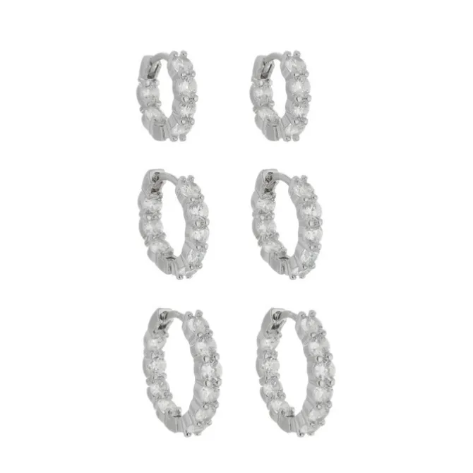Trio de Brincos Argolinha Milly Zircônias Folheado em Ródio Branco
