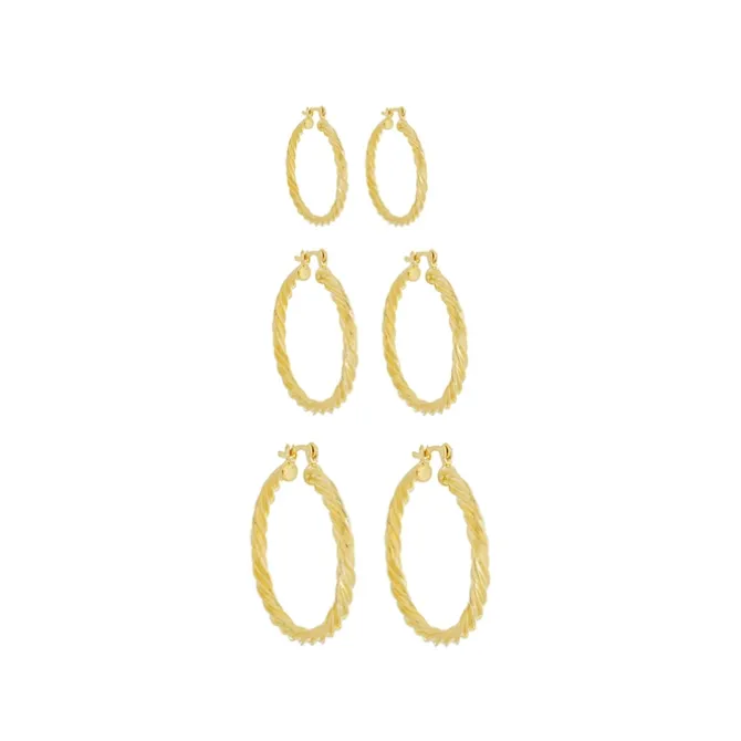 Trio de Brincos de Argola Tubo Torcido Giovana Folheado a Ouro 18k