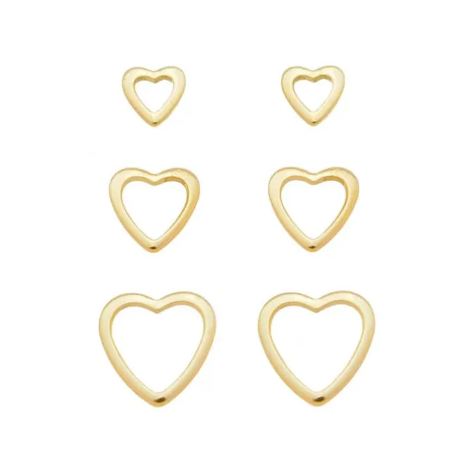 Trio de Brincos de Coração Tati Folheado a Ouro 18k
