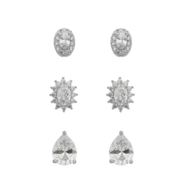 Trio de Brincos Mary Zircônias Folheado em Ródio Branco