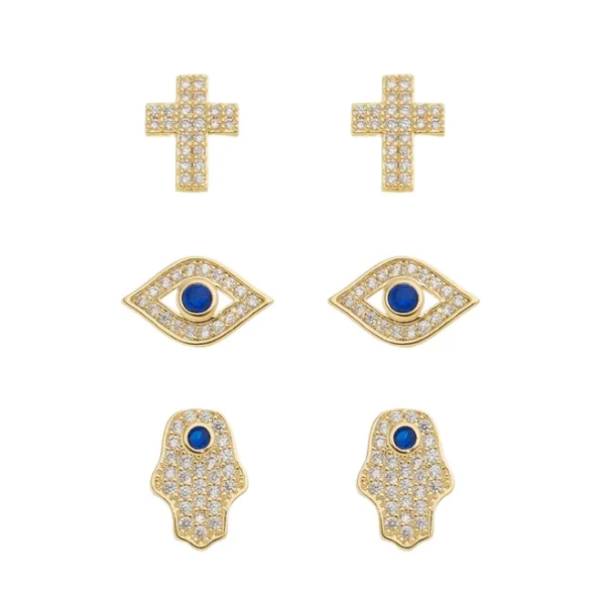 Trio de Brincos Mia Olho Grego Mão Hamsa e Cruz Folheado a Ouro 18k