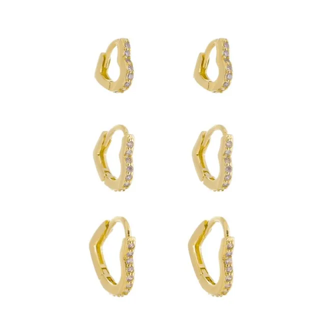 Trio de Brincos Piuka Argolinha Nina Coração Zircônias Folheado a Ouro 18k