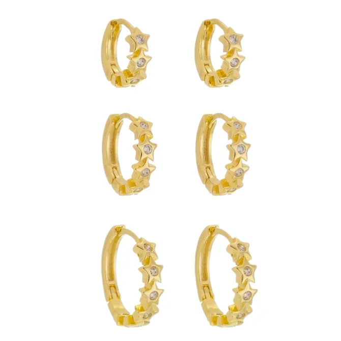 Trio de Brincos Piuka Argolinhas 3 Marias Estrelas Zircônias Folheado a Ouro 18k