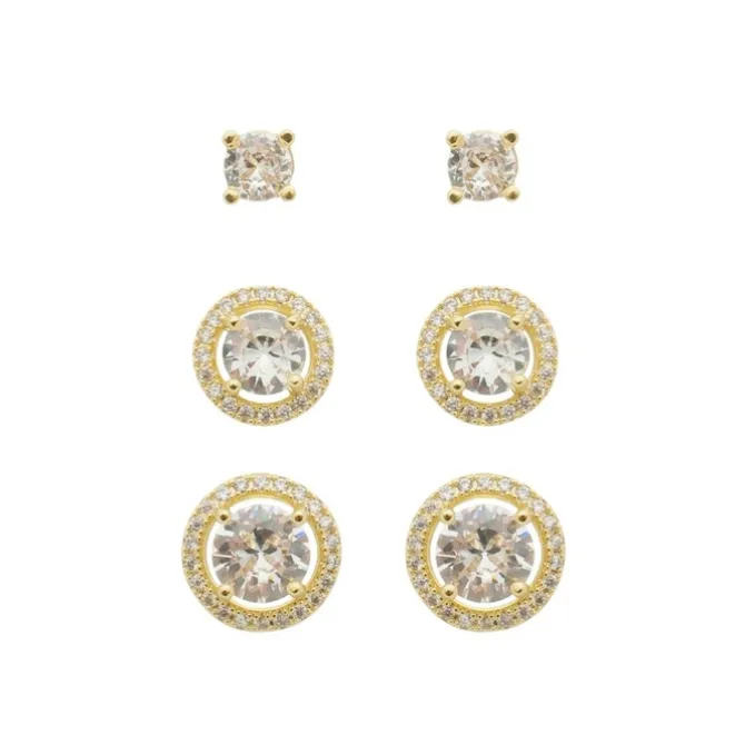 Trio de Brincos Solitário Diana Zircônias Folheado a Ouro 18k